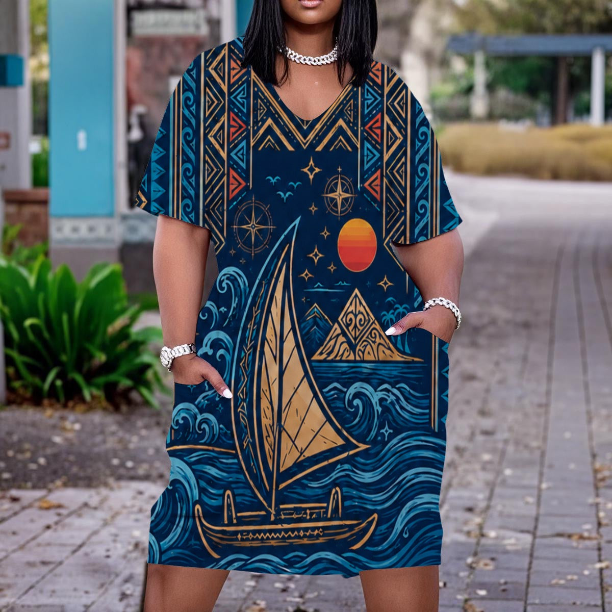 All-Over Print Women'S V Neck Short Sleeve Dress|Plus Size