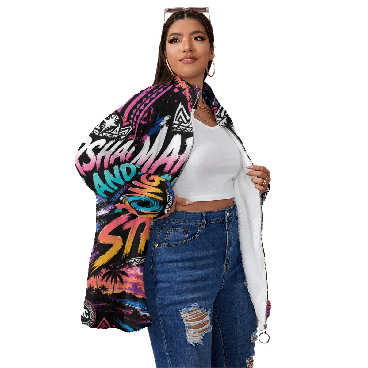 All-Over Print Unisex Borg Fleece Stand-up Collar Coat With Zipper Closure(Plus Size)