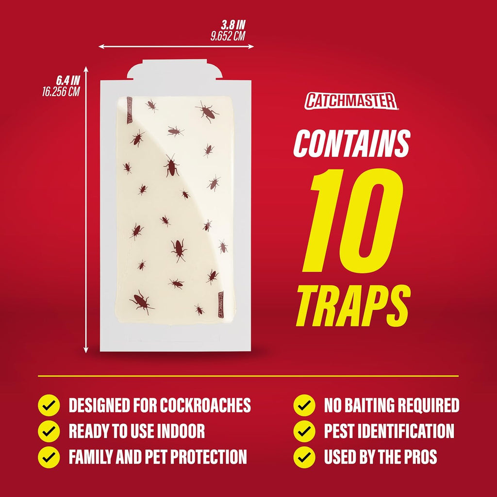 Catchmaster Roach Trap Glue Boards 10-Pk, Adhesive Bug Catcher, Scorpion, Spider, Cricket, & Cockroach Traps for Home, Bulk Glue Traps for House & Garage, Pest Control for Home