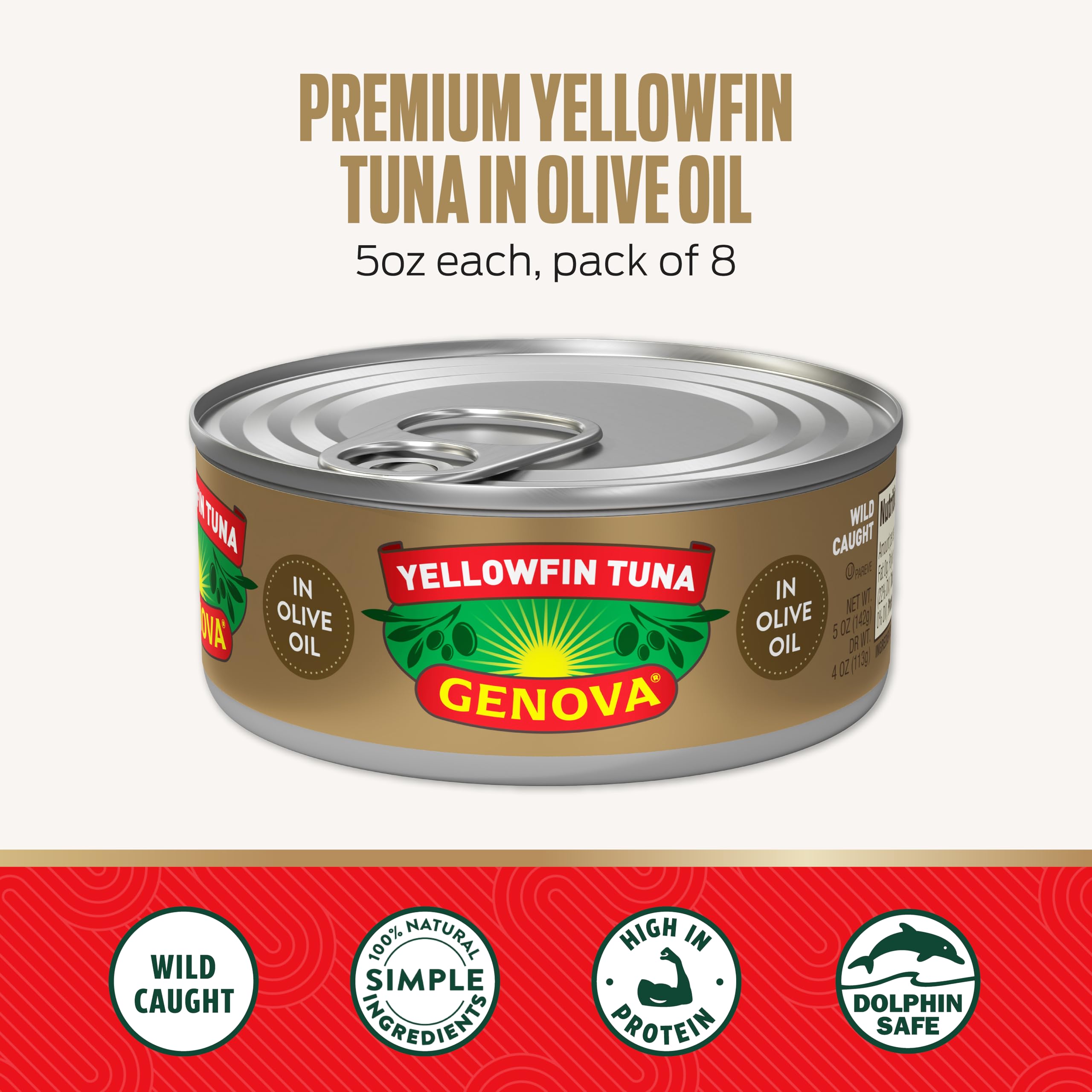 Genova Premium Yellowfin Tuna in Olive Oil, 5 Ounce Cans, 8-Pack – Nutrient Rich, High Protein Canned Tuna Fish - Delicious, Easy, Nutritious Ready to Eat Meals