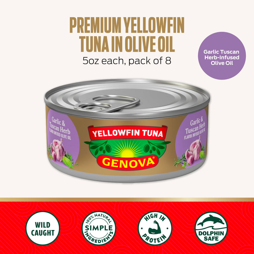 Genova Premium Yellowfin Tuna in Olive Oil, 5 Ounce Cans, 8-Pack – Nutrient Rich, High Protein Canned Tuna Fish - Delicious, Easy, Nutritious Ready to Eat Meals