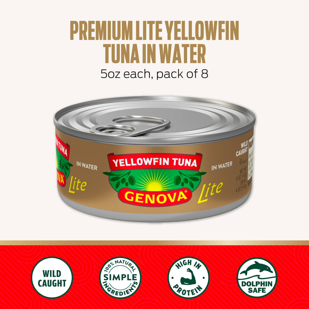 Genova Premium Yellowfin Tuna in Olive Oil, 5 Ounce Cans, 8-Pack – Nutrient Rich, High Protein Canned Tuna Fish - Delicious, Easy, Nutritious Ready to Eat Meals