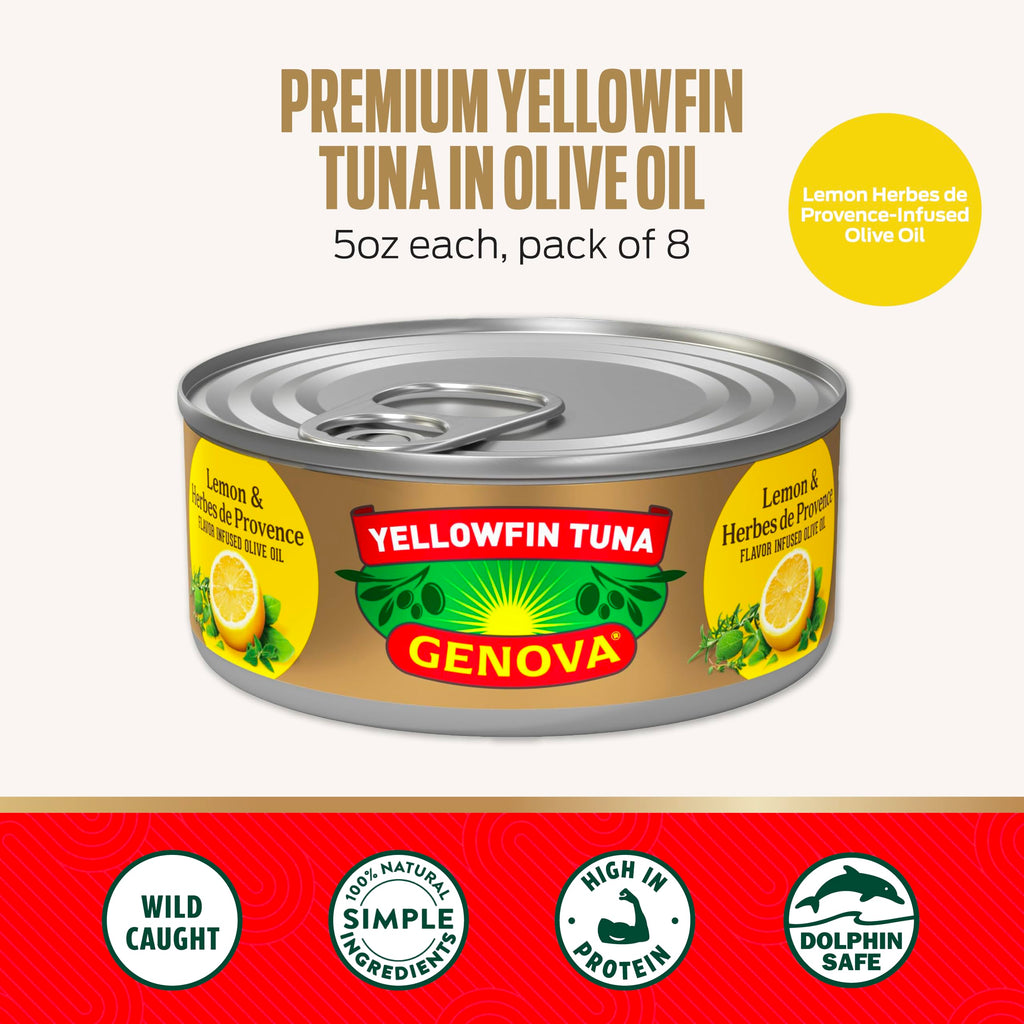 Genova Premium Yellowfin Tuna in Olive Oil, 5 Ounce Cans, 8-Pack – Nutrient Rich, High Protein Canned Tuna Fish - Delicious, Easy, Nutritious Ready to Eat Meals