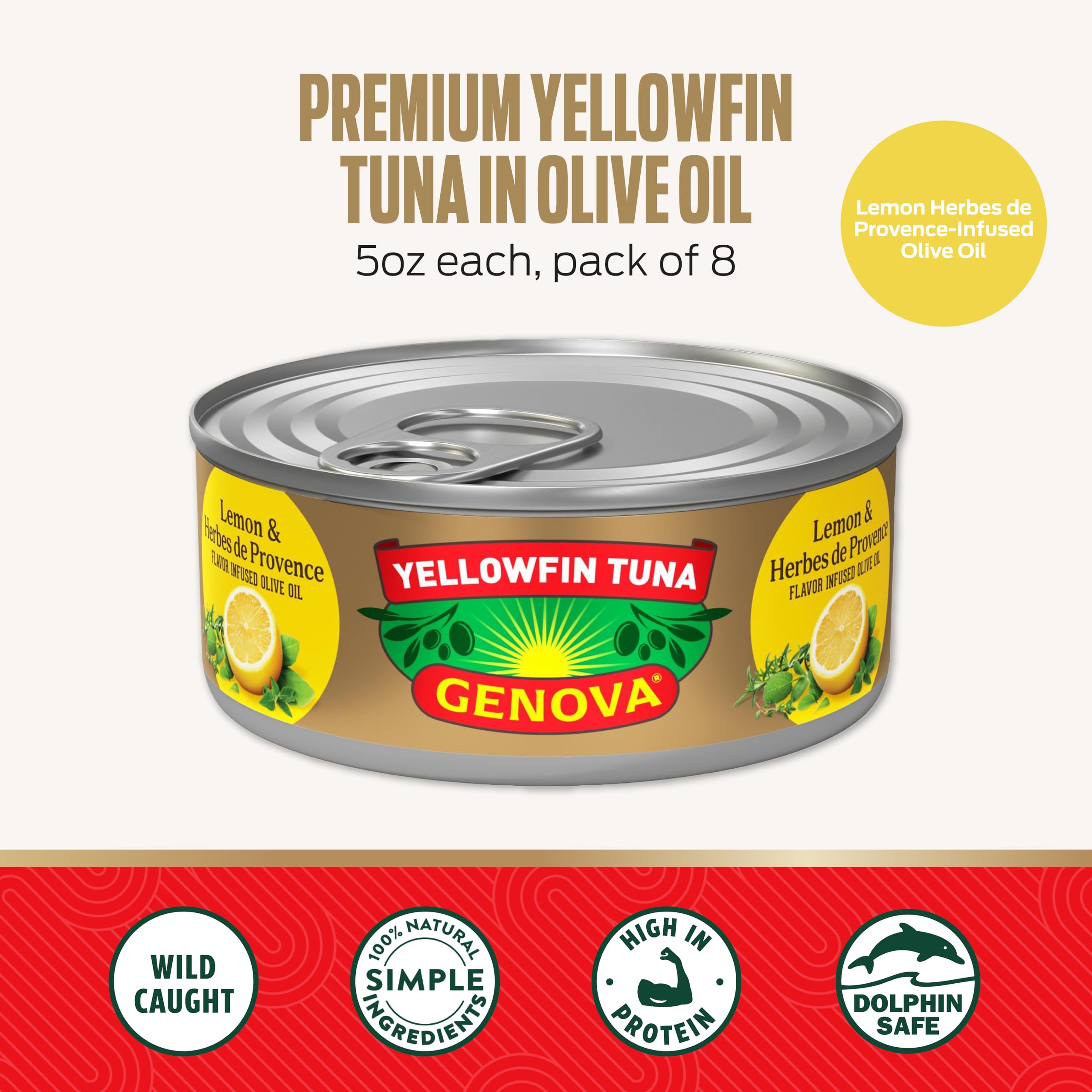 Genova Premium Yellowfin Tuna in Olive Oil, 5 Ounce Cans, 8-Pack – Nutrient Rich, High Protein Canned Tuna Fish - Delicious, Easy, Nutritious Ready to Eat Meals