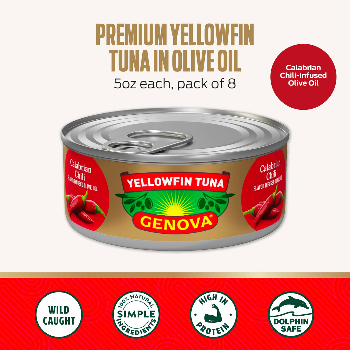Genova Premium Yellowfin Tuna in Olive Oil, 5 Ounce Cans, 8-Pack – Nutrient Rich, High Protein Canned Tuna Fish - Delicious, Easy, Nutritious Ready to Eat Meals