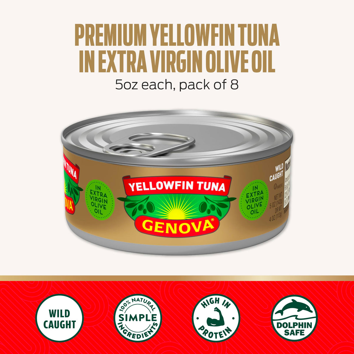 Genova Premium Yellowfin Tuna in Olive Oil, 5 Ounce Cans, 8-Pack – Nutrient Rich, High Protein Canned Tuna Fish - Delicious, Easy, Nutritious Ready to Eat Meals